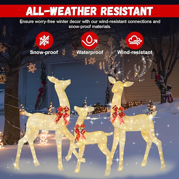 72Inch Light Up Reindeer Outdoor Christmas, 3-Piece 3D Gold Reindeer Christmas Decoration with 240 LED Warm White Lights Deer for Yard Patio Lawn Garden Party, Gold