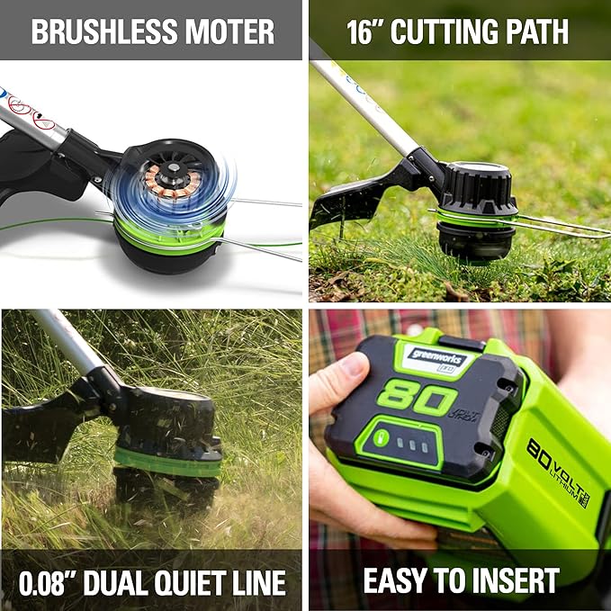 Greenworks 80V Brushless Cordless Yard Tool Combo Kit with 2.0Ah Battery & Rapid Charger ? 16 Dual-Line String Trimmer and 500 CFM / 125 MPH Leaf Blower, Variable Speed, 4-Year Warranty