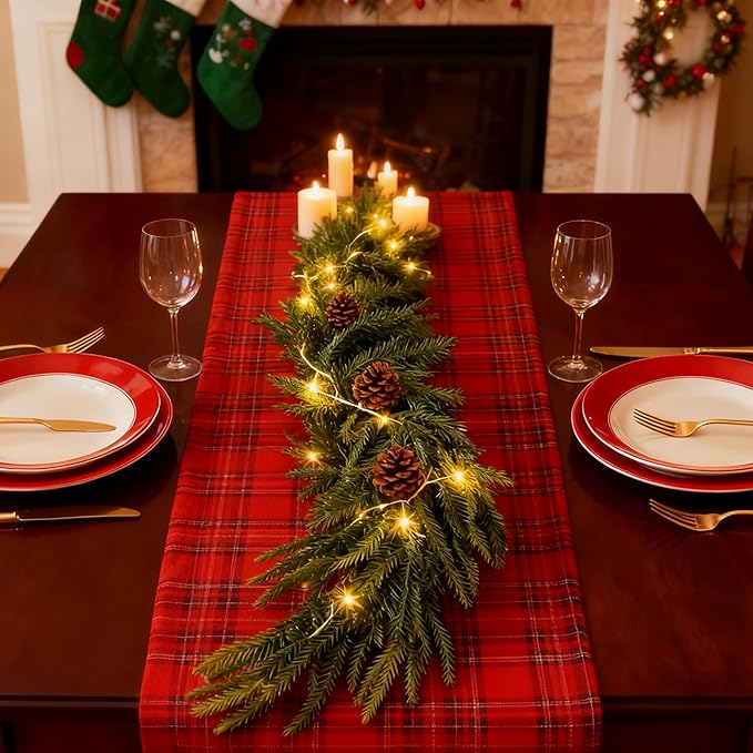 6 Ft Norfolk Pine Garland, Christmas Garland with Lights Automatic ON/Off, Christmas Decorations Indoor Outdoor, Real Touch Artificial Cedar Garland for Table, Fireplace, Mantle, Wall