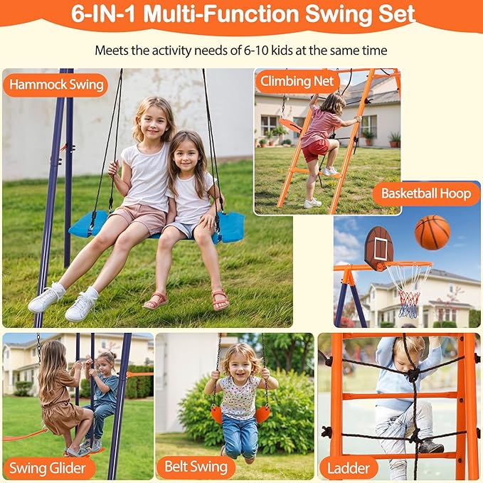 Outdoor Metal Swing Set for Kids, Heavy-Duty Metal Playground Set with Swings, Climbing Ladder, Trapeze Bar & Basketball Hoop, 660lbs Max Weight