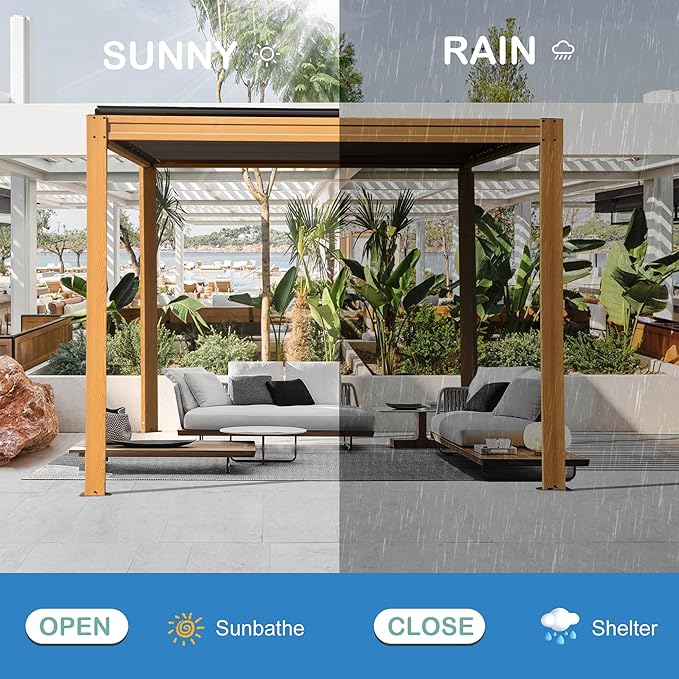 10’ x 10’ Louvered Pergola, Outdoor Pergola Aluminum Frame with Adjustable Rainproof Metal Roof, Permanent Sun Shade with Drainage System for Backyard, Garden and Lawn (Wooden Grain)