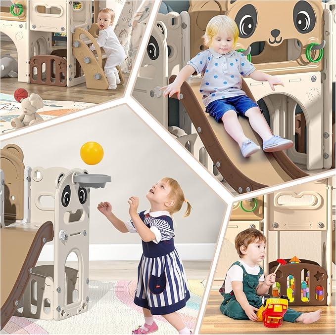9-in-1 Toddler Slide and Climber Set Indoor Outdoor Slide Playset for Kids Age 1-8, Freestanding Backyard Playground with RNG Toss, Basketball Hoop,Telescope, Storage Space