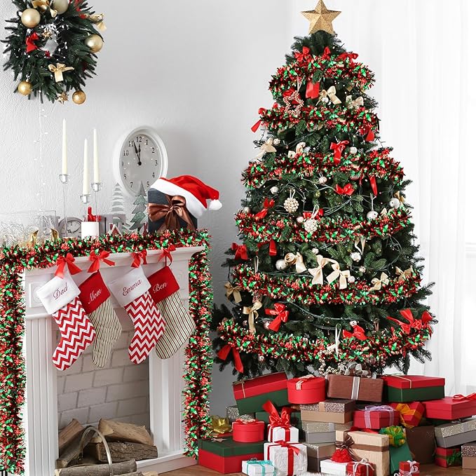 50FT Christmas Tinsel Garland - Metallic Tinsel Twist Garland for Christmas Tree Decorations, Xmas Tree Decor for Holiday Home Indoor Outdoor Party Supplies (Green and Red)
