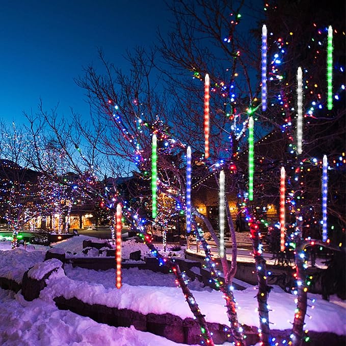 24 Tubes Meteor Shower Lights, Outdoor Icicles Christmas Lights, 12 Inch 864 LED Iciclelights Snow Falling Light, Connectable Raindrop Light, Xmas Wedding Party Tree Holiday Decor, Multicolor