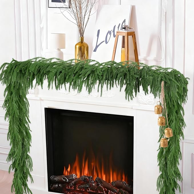 9FT Christmas Garland Artificial Norfolk Pine Garlands Real Touch Winter Green Greenery Garland Christmas Decoration Xmas Garland for Door Table Mantle Wall Indoor Outdoor Christmas Decor