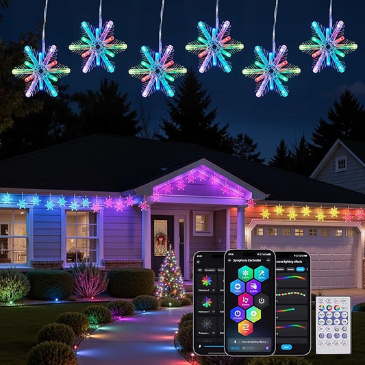 Brightown Smart Christmas Snowflake Lights, 36ft 288LED with 24 Drops Outdoor Icicle Lights with Music Sync & APP Control, Waterproof Connectable, 80+ Scene Modes for Roof, Yard, Window, Patio