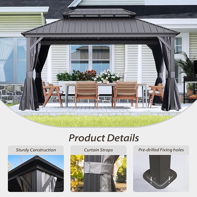 Domi 12’ X 12’ Hardtop Gazebo Canopy with Netting & Curtains, Outdoor Metal Gazebo with Galvanized Steel Double Roof for Patio Lawn and Garden, Gray
