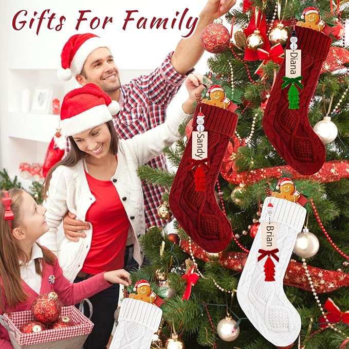 6 Pack Christmas Stockings 18 Inch Cable Knit Stockings with Personalized Snowman Name Tags, Red and White Large Xmas Hanging Stockings with Velvet Bows for Fireplace Mantel Holiday Family Decor