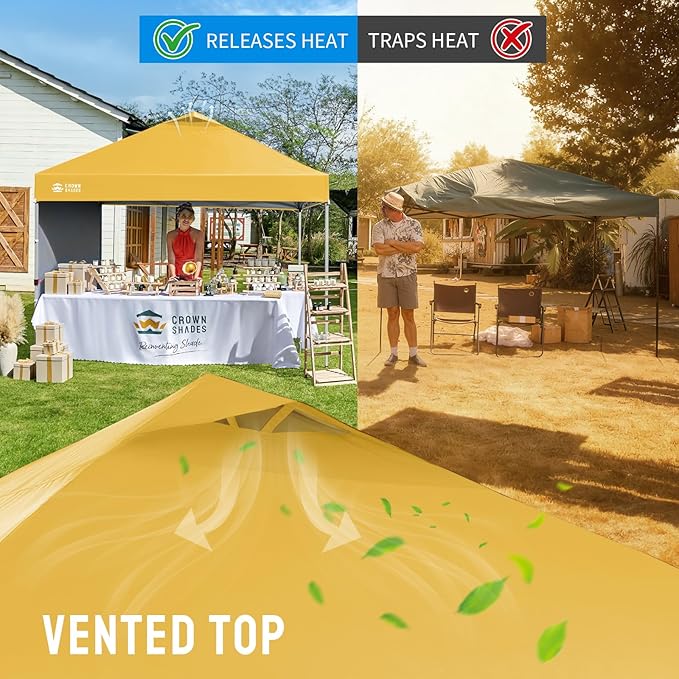 CROWN SHADES 10x10 Pop Up Canopy with 1 Side Wall - Beach Tent with One Push Setup - Outdoor Sun Shade for Events, Parties, Camping - Gazebo with STO-N-Go Cover Bag (Yellow)