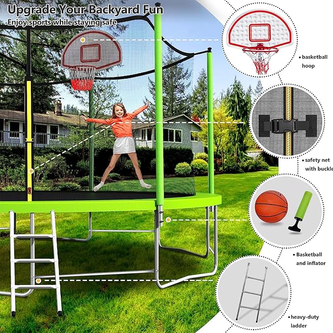Lyromix Upgraded 16FT 15FT 14FT 12FT 10FT 8FT Trampoline Outdoor with Basketball Hoop and Net, Capacity for 4-6 Kids and Adults