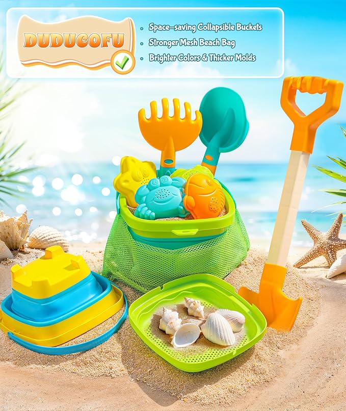 Collapsible Beach Sand Toys for Kids Toddlers, Collapsible Sand Bucket with Sifter Shovels Set with Mesh Bag and Sand Molds, Travel Beach Sandbox Toys for Boys Girls 3 4 5 6 7 8 9 10