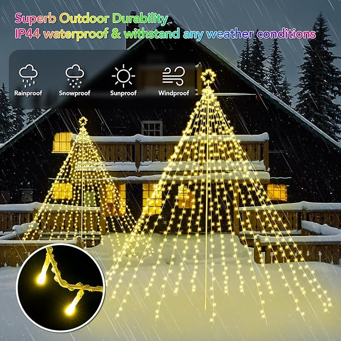 13.5FT Smart Christmas Tree Lights LED, Remote & App Control IP67 Waterproof multiple Scene Modes Waterfall Lights with Pole, Sync Music Modes Christmas Decorations for Outdoor Xmas Party Wedding