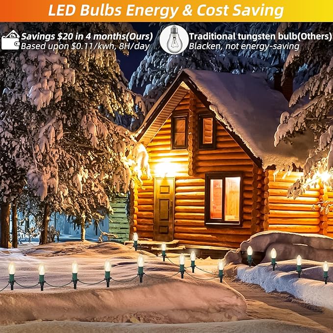 30Ft C9 Led Christmas Pathway Lights Outdoor, 20 Warm White Bulbs Waterproof Connectable Christmas Walkway Lights with Stakes for Yard Lawn Sidewalk Driveway Christmas Decorations