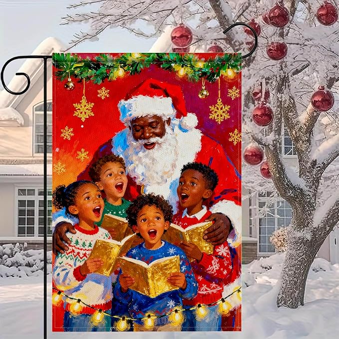 Merry Christmas African American Black Santa Garden Flag 12x18 Inch Double Sided Santa with Children Choir Red Snowflake Holiday Flags Outdoor Winter Yard Banner Welcome Flag Decor