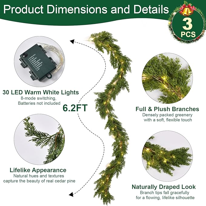 3PCS 6.2FT Christmas Garland with Lights, Real Touch Cedar Garland Artificial Realistic Thick & Lush Greenery, Soft Artificial Pine Garland for Mantle Fireplace Table Wall Indoor Christmas Decorations