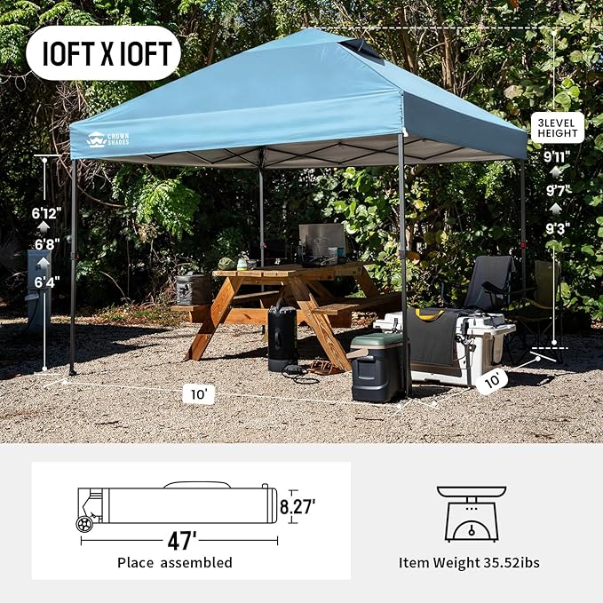 CROWN SHADES 10x10 Pop Up Canopy Tent - Patented Center Lock One Push Instant Outdoor Canopy Beach Tent with STO-N-Go Bag 8 Stakes & 4 Sand Bags，Cyan Blue