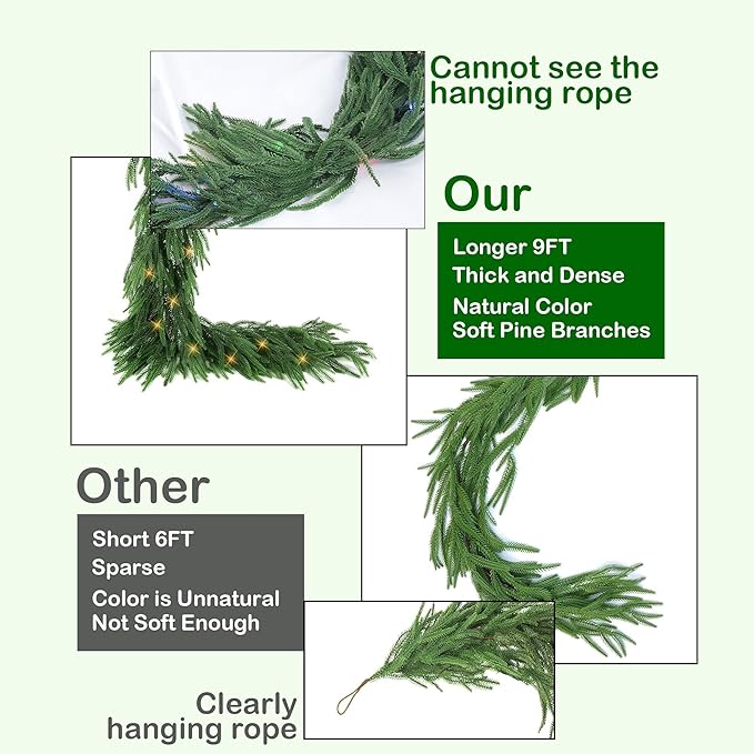TW SHINE 9FT Pre-Lit Christmas Garland with Lights, 50 LED Lighted Artificial Norfolk Pine Garlands, Christmas Decorations for Indoor Outdoor Mantle Stairs Fireplace Decor, Warm White