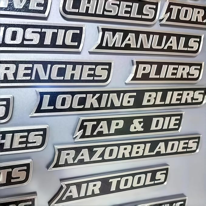 12-Pack Magnetic Tool Box Labels, Tool Organizer Tags for Tool Chest & Tool Cart, Strong Magnet, Reusable 3D Printed PLA Labels for Sockets, Wrenches, Screwdrivers, Garage Organization (Black)