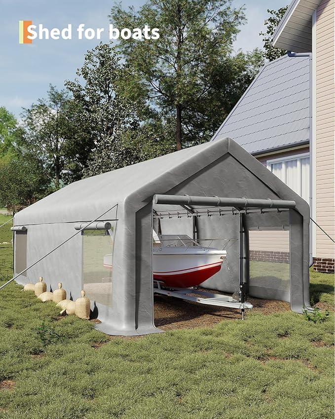 13x25FT Heavy Duty Carport with Removable Walls & Roll-Up Door, All-Weather Portable Garage for Truck, RV, Boat, Vehicle Storage Shelter