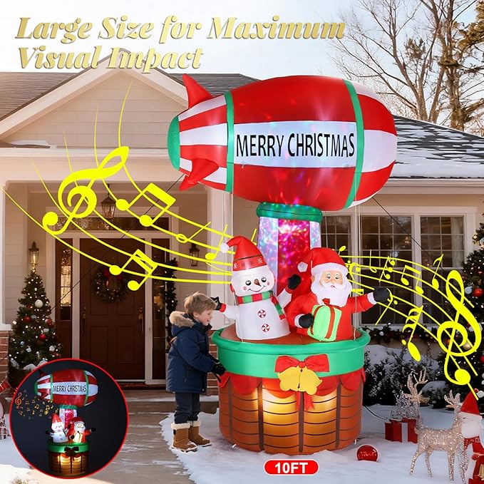 10FT Christmas Inflatables Santa Claus Outdoor Decorations, Christmas Blow Ups Airship Snowman, Inflatable Yard Decor with Built-in LED Lights for Xmas Garden Lawn Party