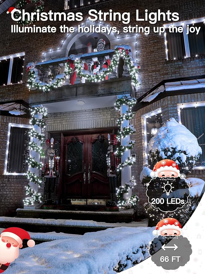 Christmas Lights 66FT 200 LED, Christmas Tree Light with 8 Lighting Modes, Outdoor Waterproof String Lights with Remote and Timer, Fairy Light for Holiday Decor (Cool White)