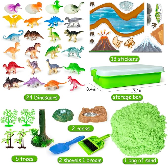 Sensory Bin, 49 Pcs Dinosaur Sandbox Kits with 2.2lb Magic Sand & Dinsoaur Figures, Play Sand Art Kit for Boys Girls Toddles Sensory Bins Sand Toys Birthday Gift Dinosaur Party Favors