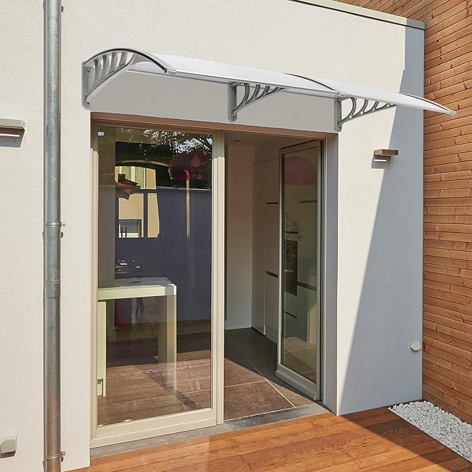 Window Awning Door Canopy Exterior- 38" x 80" Aluminum Door Awning, Polycarbonate Cover Patio Canopy Awning for House, Outside, Rain Snow & UV Resistant (Clear Board & Grey Bracket)