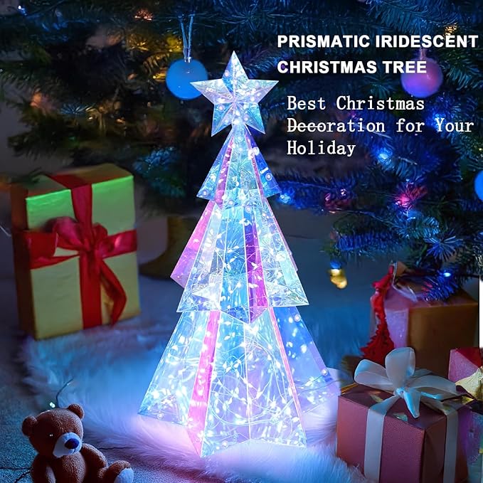 Holographic Christmas Tree, 15 Inch Desktop Decoration Tree with LED Lights, Prismatic Iridescent Christmas Tree Gift for Kids Girls Families Office Indoor Decorations