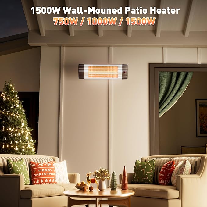 Wall Mounted Infrared Heater with 1 Seconds Instant Warmth, Quiet Electric Radiant Heating for Garage Greenhouse Porch, 1500W Adjustable Temperature Patio Heater