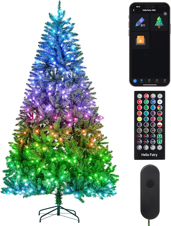 7.5FT Pre-lit Christmas Tree, RGB Color Changing Smart Artificial Christmas Tree with Lights, 1477 PVC Branch Tips, App&Remote Control, Light up Christmas Tree for Indoor Outdoor Decoration