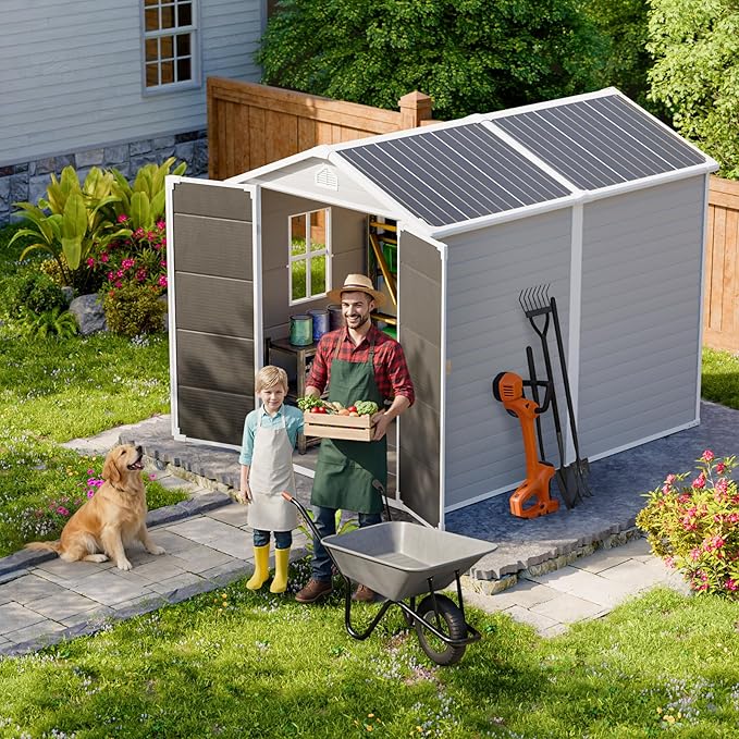 HUSFU 8x6 FT Outdoor Storage Shed with Floor and Lockable Door,Waterproof Resin Tool Shed for Garden, Backyard, Patio,Perfect to Store Patio Furniture,Light Grey