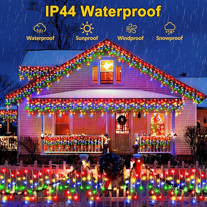 SAUIRS 100FT 960 LED Christmas Lights Outdoor Decorations with 180 Drops Timer 8Mode Curtaing String Lights Waterproof Plug in Fairy Lights for Indoor,Xmas,Party,Patio,Window,Trees Decor(Multicolor)