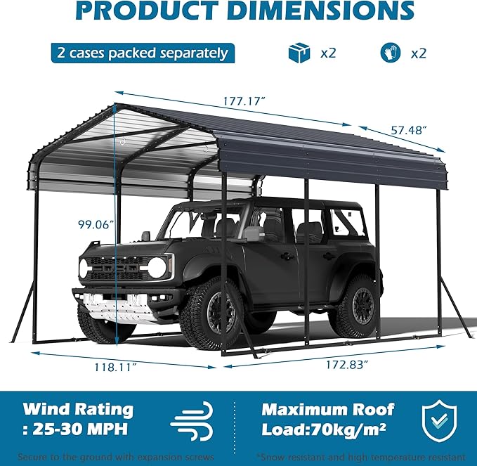 10x15 Carport Heavy Duty, Metal Carport with Galvanized Steel Roof, Metal Car Garage Multi-Use Shelter Outdoor Portable for Car, Boat, Pickup and Tractor, Black