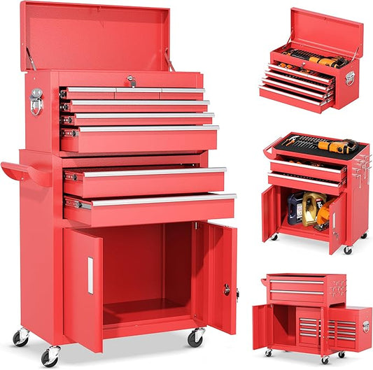 INTERGREAT 8 Rolling Drawers Tool Chest, Assembled Tool Chest with Wheels, Detachable Top Tool Box, Tool Cabinet for Repair Room,Warehouse, Rolling Tool Box with Hooks,Tray Divider,Liners(Red)