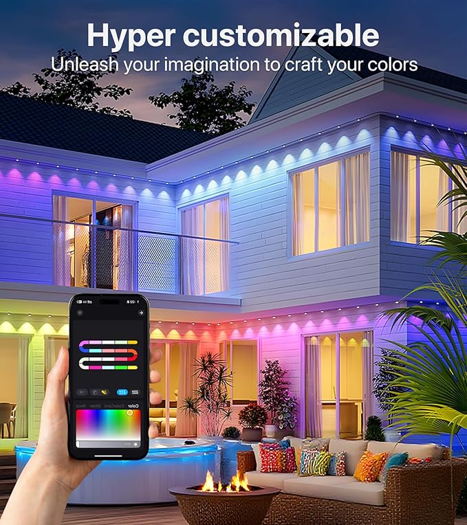 100FT RGB+IC LED Permanent Outdoor Lights: Eave Lights with Smart APP & Remote Control, 72 Scene Modes, Waterproof IP65 for Holiday Christmas Decorations(Extension Cord Not Included)