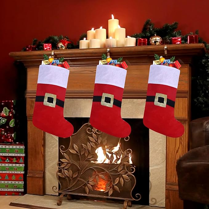 12 Pack Felt Christmas Stockings with Buckle, 19 Inches Red and White Christmas Stockings Hanging Ornaments, White Cuff with Buckle Christmas Stocking for Family Christmas Holiday Decorations