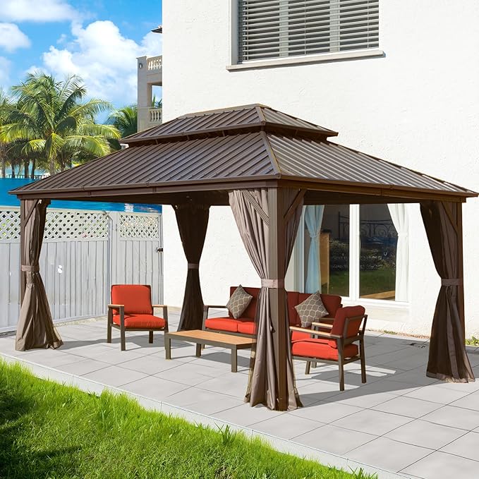 Domi Hardtop Gazebos 10x14FT, Aluminum Metal Gazebo with Galvanized Steel Double Roof Canopy, Curtain and Netting, Permanent Gazebo Pavilion for Patio, Backyard, Deck and Lawn, Brown