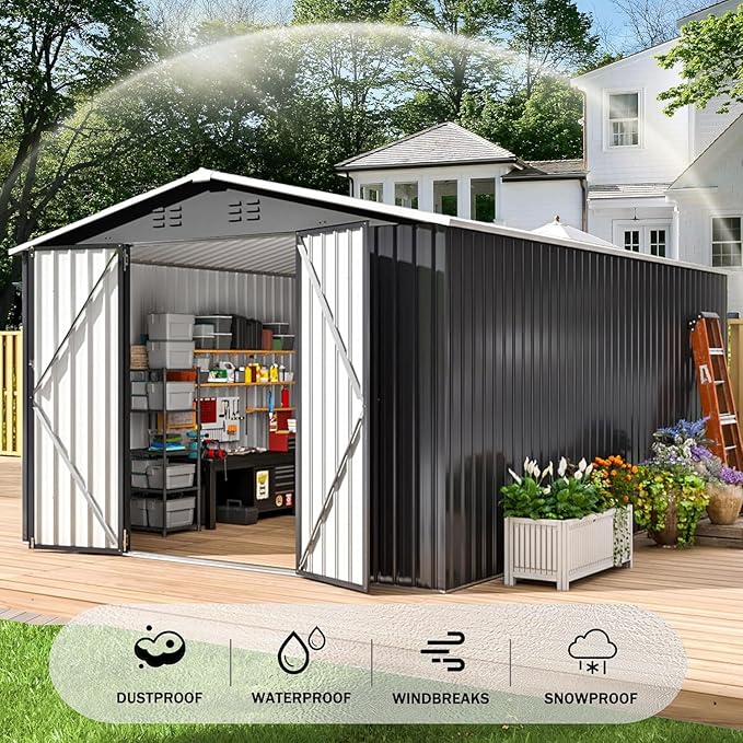 Polar Aurora 10 x 14 FT Outdoor Storage Shed, Metal Garden Shed with with Updated Frame Structure, Tool Sheds for Backyard Garden Patio Lawn, Black
