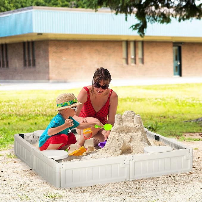 Outsunny Kids Outdoor Sandbox with Cover Garden Bed Sand Pit, Easy Assembly Children's Square Sandbox for Backyard, Cream White, 48.5 x 48.5 x 8.25