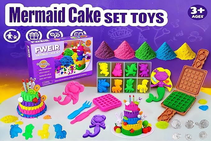 Fweir Sensory Bin for Boy Girl Kid Toy,50+Pieces Play Sand Kit with Sandbox, 3.5lbs Color Sand, 27 Molds Including Mermaid & Unicorn, Cake Cups, Waffle, Sensory Toys for Girl Toddler Ages 3-8