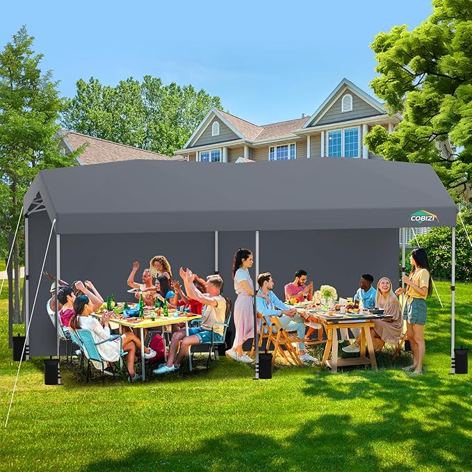 COBIZI 10x20 Pop Up Canopy with One Button Push Center Lock,Ez Up Portable Carport with 2 sidewalls,Waterproof UV50+ Outdoor Party Commercial Carport Canopy Gazebos with Carry Bag(10 x 20 ft Gray)