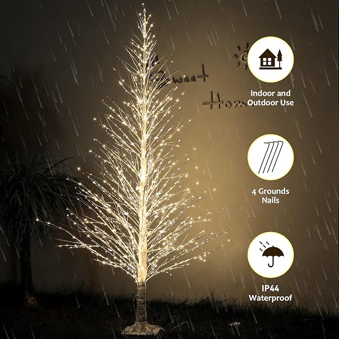7FT Lighted Birch Tree 1000 LED Warm White Lights with Twinkle Lights，Twinkling or Steady Function for Selected, LED Artificial Tree Light for Indoor Outdoor Christmas Decorations