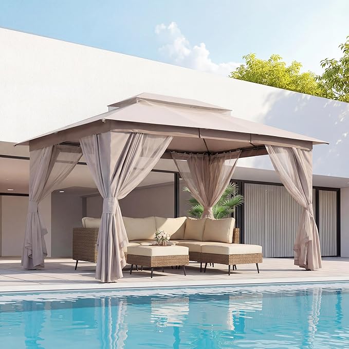 LAUSAINT HOME 10x13ft Outdoor Patio Gazebo with Double Roof, Heavy Duty Waterproof Gazebo Canopy Tent with Mosquito Netting for Backyard, Garden, Lawn & Wedding, Champagne