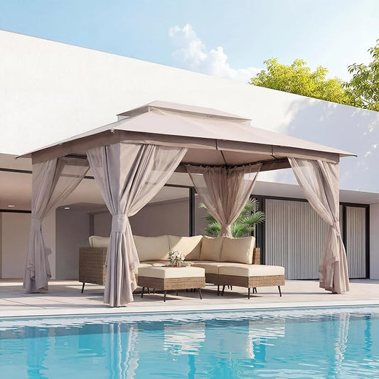 LAUSAINT HOME 10x13ft Outdoor Patio Gazebo with Double Roof, Heavy Duty Waterproof Gazebo Canopy Tent with Mosquito Netting for Backyard, Garden, Lawn & Wedding, Champagne