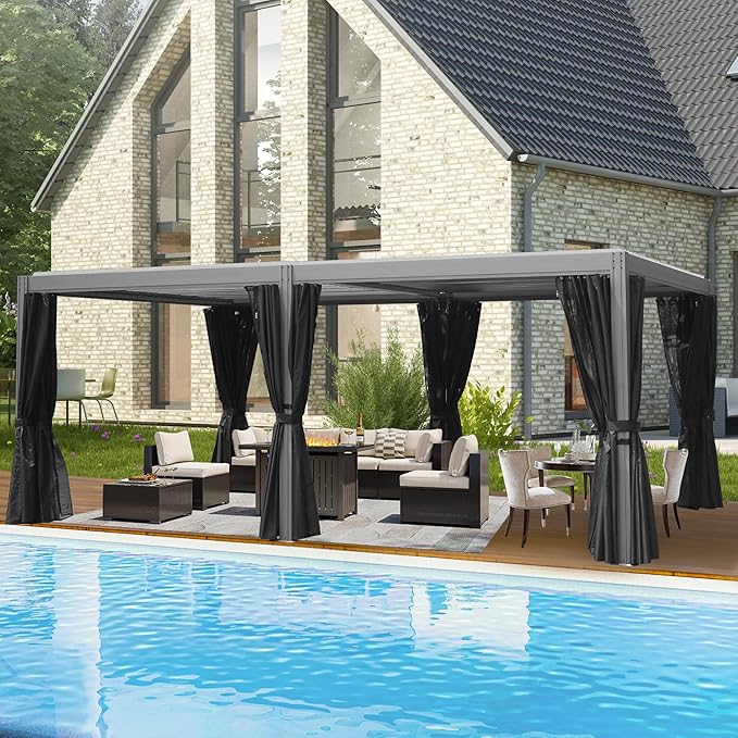 Domi 12x20FT Louvered Pergola, Full Aluminum Pergola with Adjustable Louvered Roof, Outdoor Pergola with Waterproof Curtains and Netting, Gray