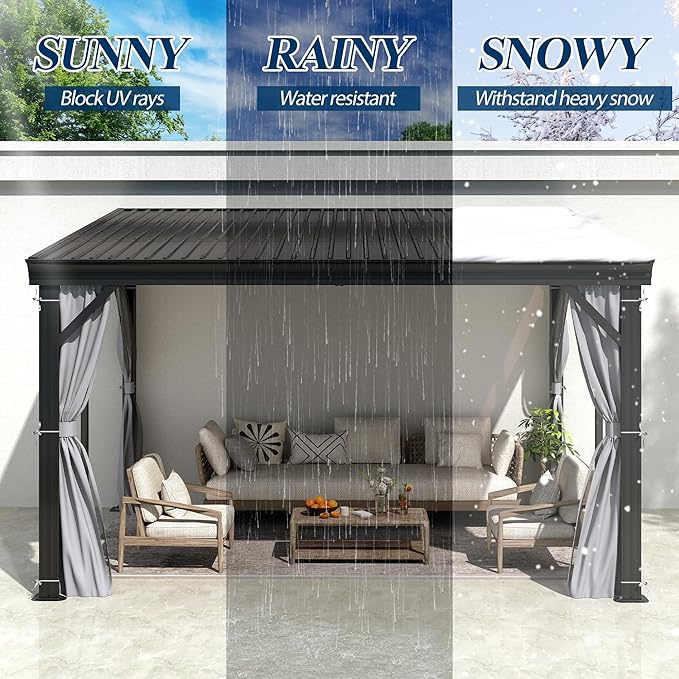 COVERONICS 10' X 12' Outdoor Lean to Gazebo - Wall-Mounted Aluminum Frame Gazebo with Slope Metal Roof, Patio Heavy-Duty Lean to Pergola with Netting & Curtains for Garden, Backyard, Deck