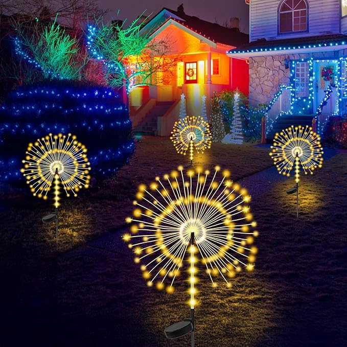 2 Pack Garden Decoration Solar Outdoor Light with 300 LEDs, Waterproof Solar Firework Lights 8 Lighting Modes, Suitable for Outdoor, Yard, Pathway ， Landscape Decoration （Warm White）