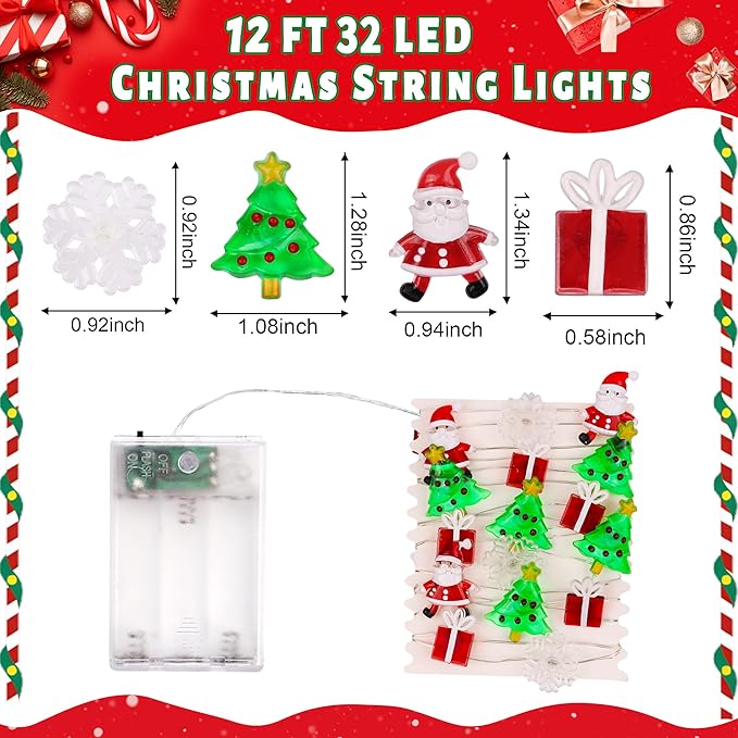 Battery Operated Christmas Lights 12FT 32 LED Snowflakes Christmas Tree Santa Clause Gift Box Xmas String Lights, Holiday Fairy Lights for Tree Decorations Table Home Indoor Holiday Decor