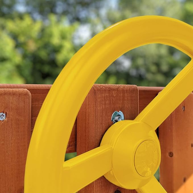 Gorilla Playsets 01-1066-Y Outing Wood Swing Set with Wood Roof and Trapeze Arm - Yellow Slide