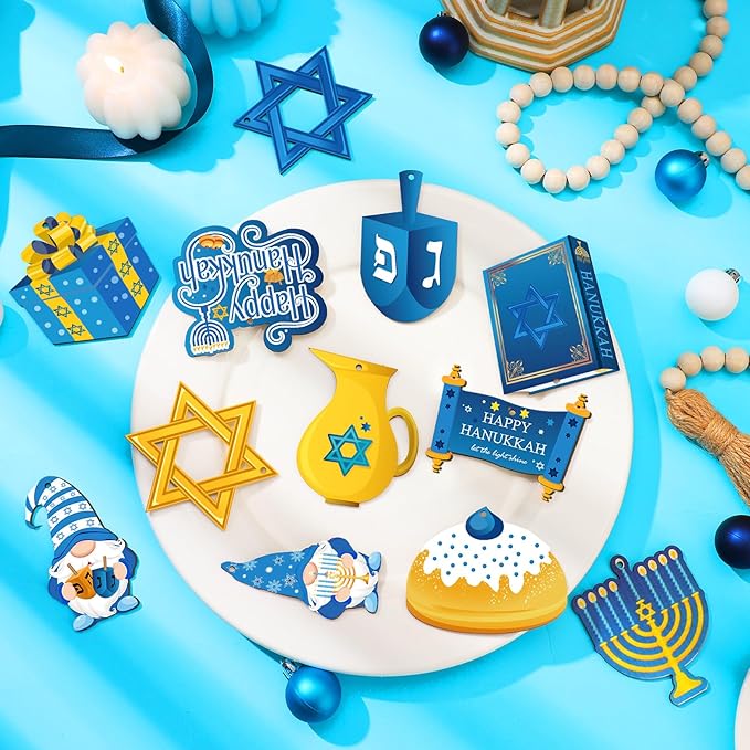 Qunclay 36 Pcs Hanukkah Ornaments Chanukah Wooden Hanging Ornament Star of David Menorah Gnome Happy Hanukkah Wood Pendant Blue Yellow Jewish Home Decorations for Christmas Tree Party Decor